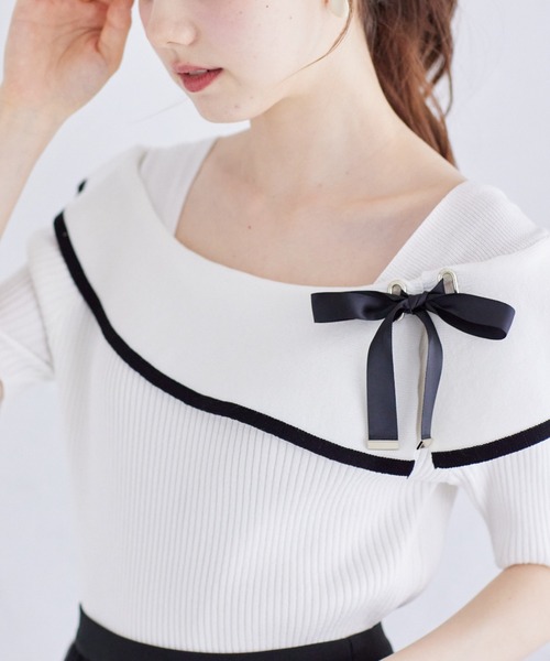 tocco closet(トッコ クローゼット)の「接触冷感♪配色リボン付きケープニットプルオーバー(ニット/セーター・レディース・オフホワイト/ブラック/ピンク・M)」の1枚目の写真