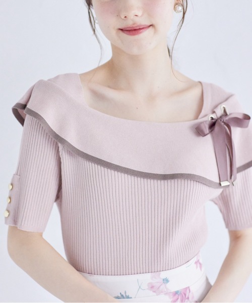 tocco closet(トッコ クローゼット)の「接触冷感♪配色リボン付きケープニットプルオーバー(ニット/セーター・レディース・オフホワイト/ブラック/ピンク・M)」の3枚目の写真