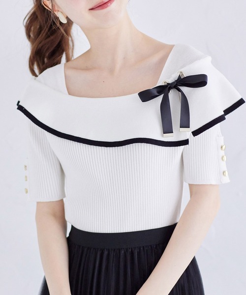 tocco closet(トッコ クローゼット)の「接触冷感♪配色リボン付きケープニットプルオーバー(ニット/セーター・レディース・オフホワイト/ブラック/ピンク・M)」の4枚目の写真
