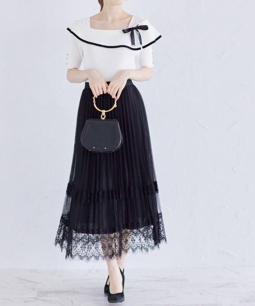 tocco closet(トッコ クローゼット)の「接触冷感♪配色リボン付きケープニットプルオーバー(ニット/セーター・レディース・オフホワイト/ブラック/ピンク・M)」の5枚目の写真
