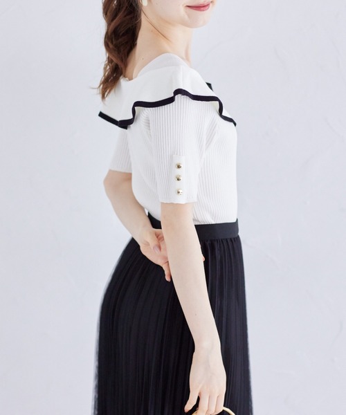 tocco closet(トッコ クローゼット)の「接触冷感♪配色リボン付きケープニットプルオーバー(ニット/セーター・レディース・オフホワイト/ブラック/ピンク・M)」の7枚目の写真