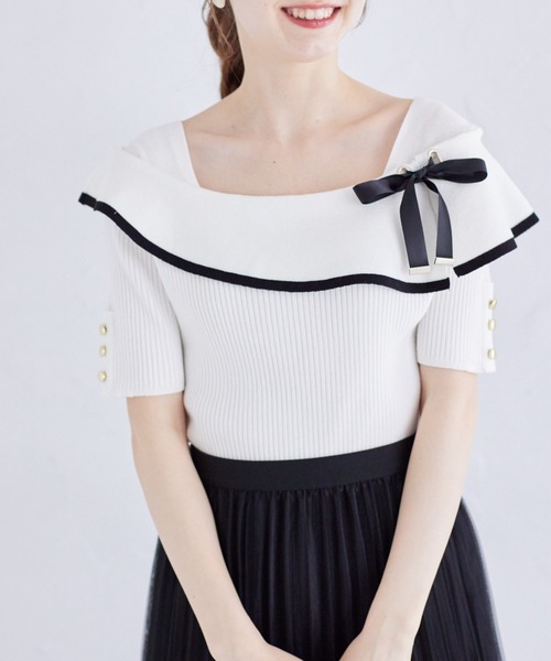 tocco closet(トッコ クローゼット)の「接触冷感♪配色リボン付きケープニットプルオーバー(ニット/セーター・レディース・オフホワイト/ブラック/ピンク・M)」の9枚目の写真
