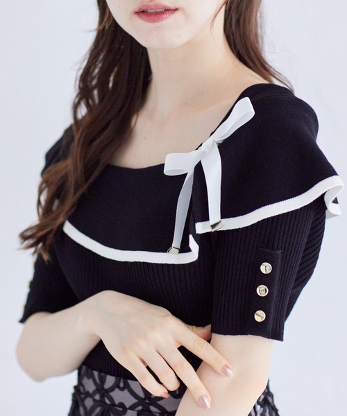 tocco closet(トッコ クローゼット)の「接触冷感♪配色リボン付きケープニットプルオーバー(ニット/セーター・レディース・オフホワイト/ブラック/ピンク・M)」の14枚目の写真