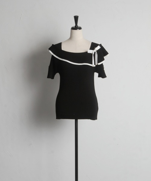 tocco closet(トッコ クローゼット)の「接触冷感♪配色リボン付きケープニットプルオーバー(ニット/セーター・レディース・オフホワイト/ブラック/ピンク・M)」の21枚目の写真