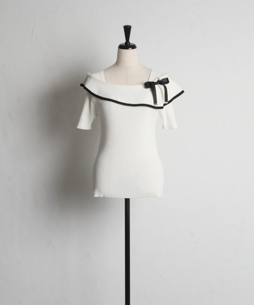 tocco closet(トッコ クローゼット)の「接触冷感♪配色リボン付きケープニットプルオーバー(ニット/セーター・レディース・オフホワイト/ブラック/ピンク・M)」の22枚目の写真