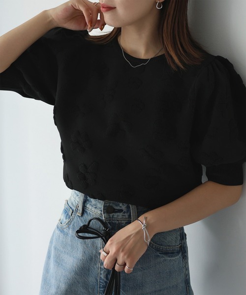 Riberry（リベリー）の「パフスリーブフラワージャガード半袖ニット（ニット/セーター・レディース・オフホワイト/ブラック・FREE）」の20枚目の写真
