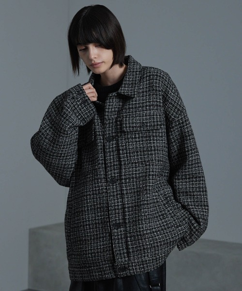 cussil（クシル）の「【cussil/クシル】ツイードライクトラッカージャケット（ブルゾン・メンズ・ブラック・S/M/L）」の12枚目の写真