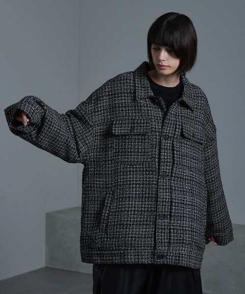 cussil（クシル）の「【cussil/クシル】ツイードライクトラッカージャケット（ブルゾン・メンズ・ブラック・S/M/L）」の13枚目の写真