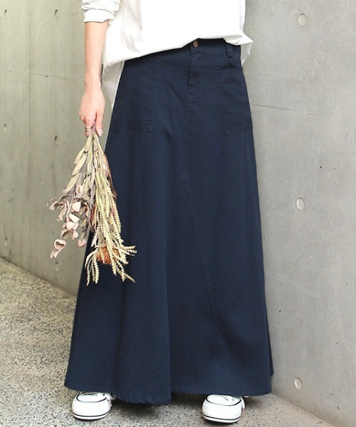 HUG.U（ハグユー）の「ロングマキシスカート（スカート・レディース・ベージュ/ネイビー/ライトオリーブ/ブラック/カーキ/アイボリー/アッシュグレー・M/L/XL/XXL）」の7枚目の写真