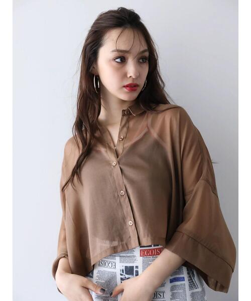 EGOIST（エゴイスト）の「EGOIST　5分袖短丈シアーシャツ（シャツ/ブラウス・レディース・ブラック/オフホワイト/ピンク/ブラウン・FREE）」の9枚目の写真