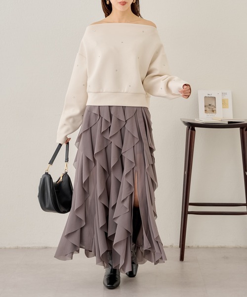 セール】【ペチコート付】ベルト付チュールロングスカート