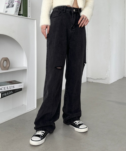 CLEA(クレア)の「アシメダメージデニムパンツ(デニムパンツ・レディース・ブラック系その他/ブルー/ライトブルー/ブラック・M)」の3枚目の写真