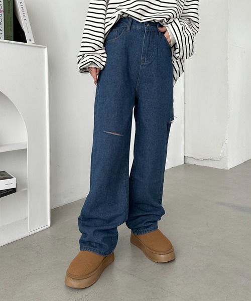 CLEA(クレア)の「アシメダメージデニムパンツ(デニムパンツ・レディース・ブラック系その他/ブルー/ライトブルー/ブラック・M)」の1枚目の写真