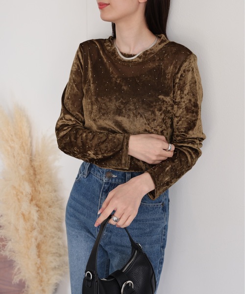 セール】ビジュー付き ベロアトップス/TOPS（Tシャツ/カットソー