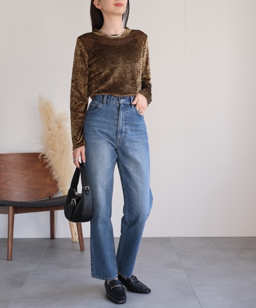 セール】ビジュー付き ベロアトップス/TOPS（Tシャツ/カットソー