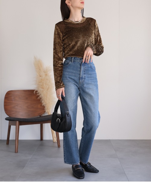 セール】ビジュー付き ベロアトップス/TOPS（Tシャツ/カットソー