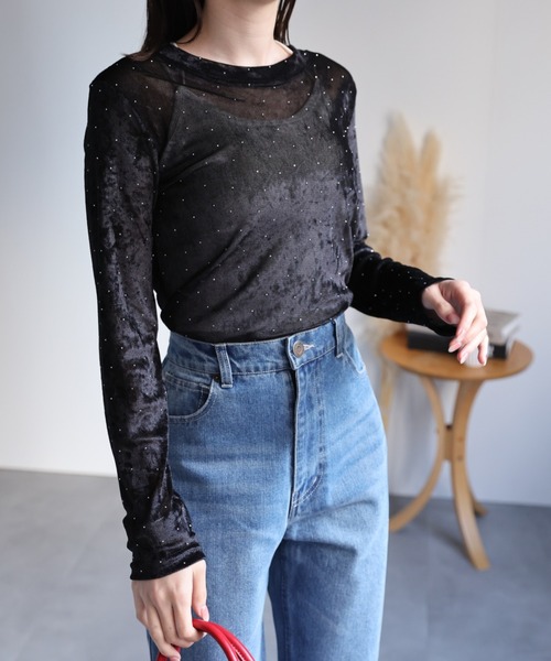 sakishimatokyo(サキシマトーキョー)の「ビジュー付き ベロアトップス/TOPS(Tシャツ/カットソー・レディース・オフホワイト/ブラック/ブラウン/カーキ・FREE)」の17枚目の写真