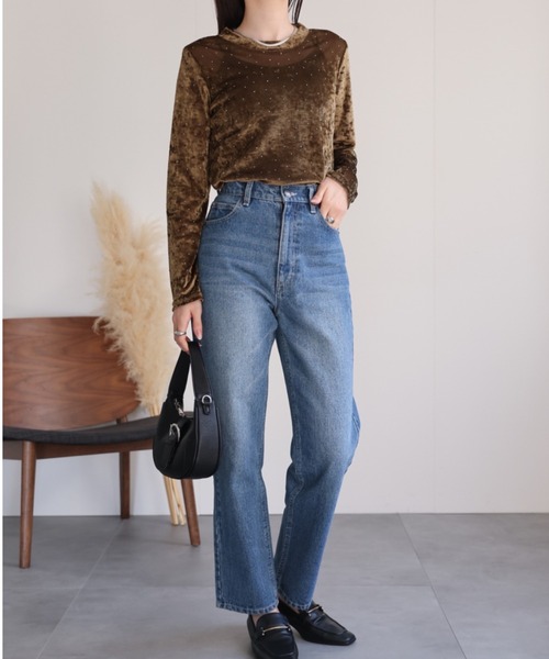 セール】ビジュー付き ベロアトップス/TOPS（Tシャツ/カットソー