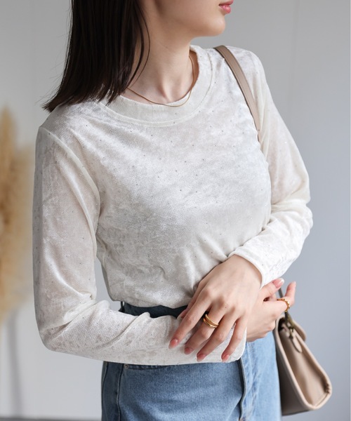 sakishimatokyo(サキシマトーキョー)の「ビジュー付き ベロアトップス/TOPS(Tシャツ/カットソー・レディース・オフホワイト/ブラック/ブラウン/カーキ・FREE)」の8枚目の写真