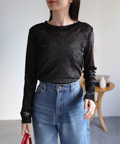 セール】ビジュー付き ベロアトップス/TOPS（Tシャツ/カットソー