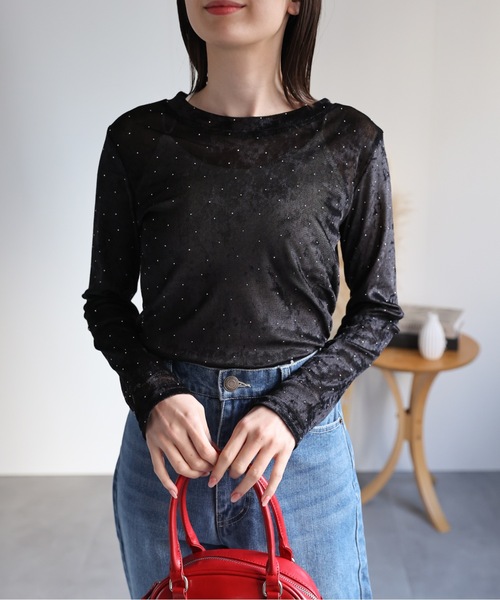 セール】ビジュー付き ベロアトップス/TOPS（Tシャツ/カットソー