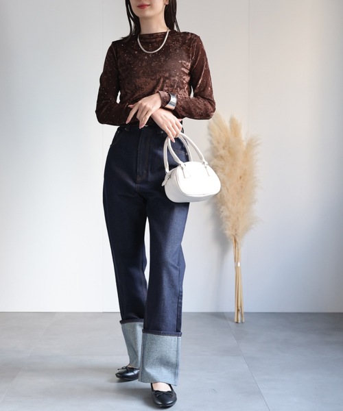 セール】ビジュー付き ベロアトップス/TOPS（Tシャツ/カットソー