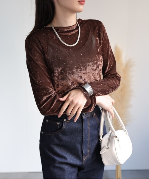 sakishimatokyo(サキシマトーキョー)の「ビジュー付き ベロアトップス/TOPS(Tシャツ/カットソー・レディース・オフホワイト/ブラック/ブラウン/カーキ・FREE)」の10枚目の写真