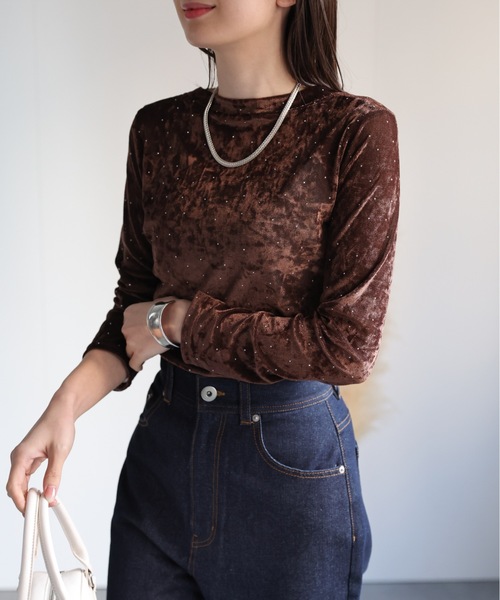 セール】ビジュー付き ベロアトップス/TOPS（Tシャツ/カットソー