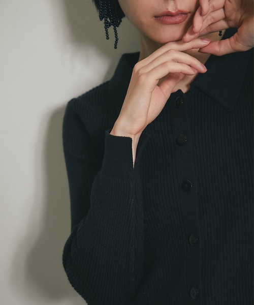 襟付きフロントボタンリブニットカーディガン（ニット/セーター