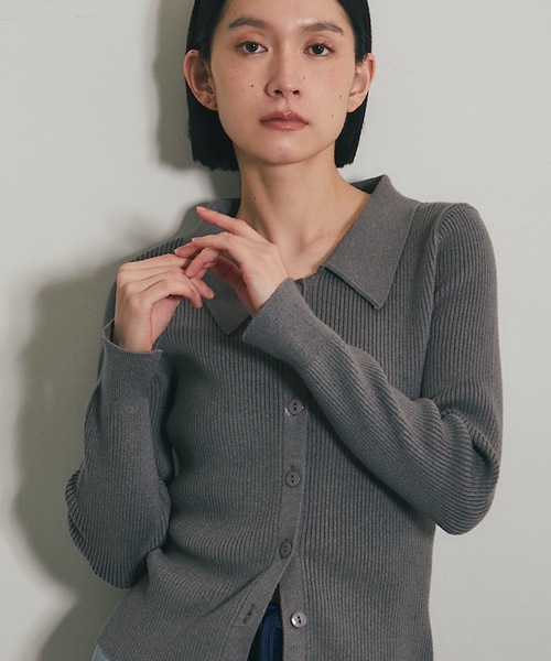 襟付きフロントボタンリブニットカーディガン（ニット/セーター