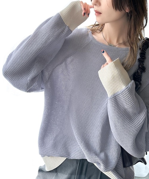 classicalelf(クラシカルエルフ)の「遊び心のある程よい透け感。オーバーサイズワッフル編みドルマン袖トップス(長袖)(Tシャツ/カットソー・レディース・ブルー系1/グリーン系その他/グレー系その他/ブラック/アイボリー・LARGE/MEDIUM/SMALL/X-LARGE)」の5枚目の写真