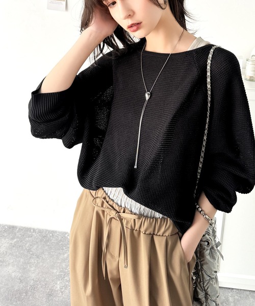 classicalelf(クラシカルエルフ)の「遊び心のある程よい透け感。オーバーサイズワッフル編みドルマン袖トップス(長袖)(Tシャツ/カットソー・レディース・ブルー系1/グリーン系その他/グレー系その他/ブラック/アイボリー・LARGE/MEDIUM/SMALL/X-LARGE)」の21枚目の写真