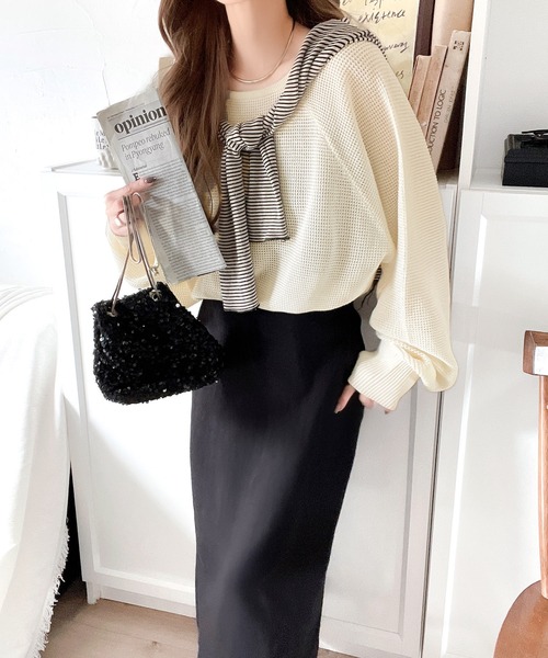 classicalelf(クラシカルエルフ)の「遊び心のある程よい透け感。オーバーサイズワッフル編みドルマン袖トップス(長袖)(Tシャツ/カットソー・レディース・ブルー系1/グリーン系その他/グレー系その他/ブラック/アイボリー・LARGE/MEDIUM/SMALL/X-LARGE)」の20枚目の写真