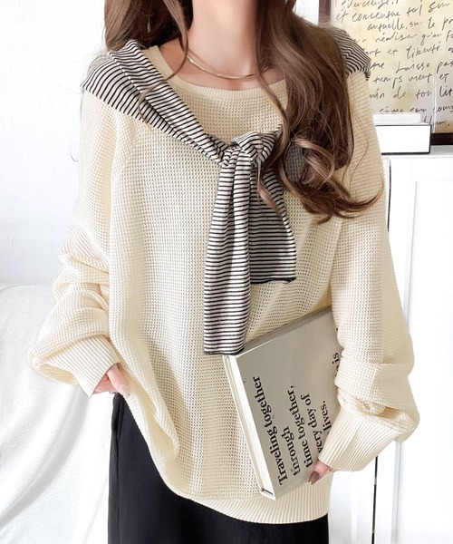 classicalelf(クラシカルエルフ)の「遊び心のある程よい透け感。オーバーサイズワッフル編みドルマン袖トップス(長袖)(Tシャツ/カットソー・レディース・ブルー系1/グリーン系その他/グレー系その他/ブラック/アイボリー・LARGE/MEDIUM/SMALL/X-LARGE)」の19枚目の写真