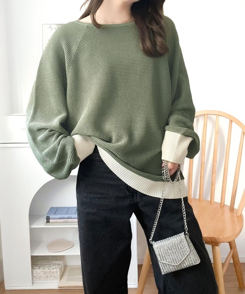 classicalelf(クラシカルエルフ)の「遊び心のある程よい透け感。オーバーサイズワッフル編みドルマン袖トップス(長袖)(Tシャツ/カットソー・レディース・ブルー系1/グリーン系その他/グレー系その他/ブラック/アイボリー・LARGE/MEDIUM/SMALL/X-LARGE)」の11枚目の写真