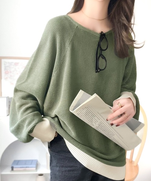 classicalelf(クラシカルエルフ)の「遊び心のある程よい透け感。オーバーサイズワッフル編みドルマン袖トップス(長袖)(Tシャツ/カットソー・レディース・ブルー系1/グリーン系その他/グレー系その他/ブラック/アイボリー・LARGE/MEDIUM/SMALL/X-LARGE)」の10枚目の写真