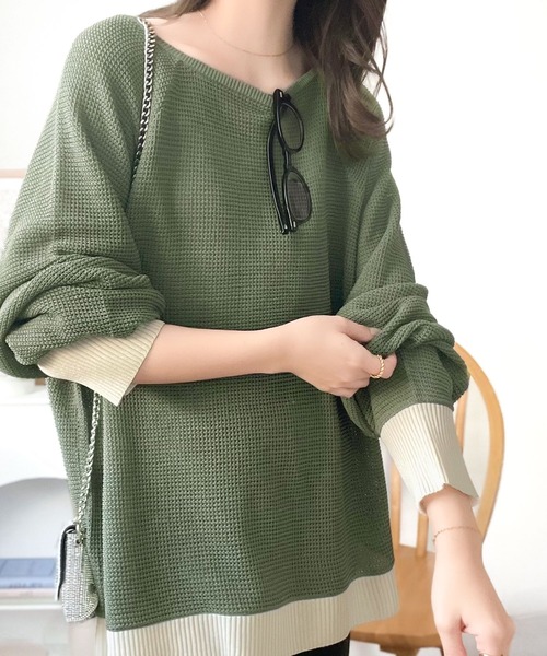 classicalelf(クラシカルエルフ)の「遊び心のある程よい透け感。オーバーサイズワッフル編みドルマン袖トップス(長袖)(Tシャツ/カットソー・レディース・ブルー系1/グリーン系その他/グレー系その他/ブラック/アイボリー・LARGE/MEDIUM/SMALL/X-LARGE)」の12枚目の写真