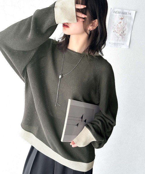 classicalelf(クラシカルエルフ)の「遊び心のある程よい透け感。オーバーサイズワッフル編みドルマン袖トップス(長袖)(Tシャツ/カットソー・レディース・ブルー系1/グリーン系その他/グレー系その他/ブラック/アイボリー・LARGE/MEDIUM/SMALL/X-LARGE)」の8枚目の写真