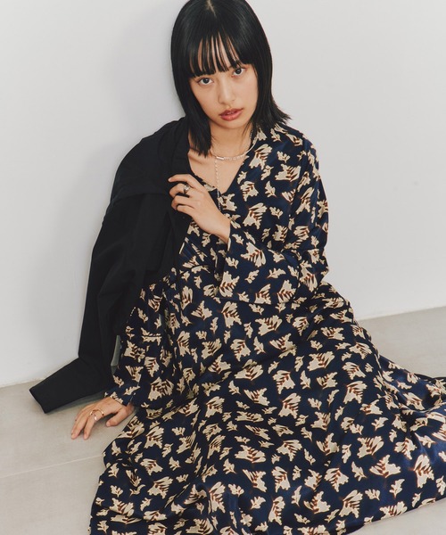 花々のソメイユワンピース ブラードフラワーマキシワンピース｜ウォッシャブル/秋服