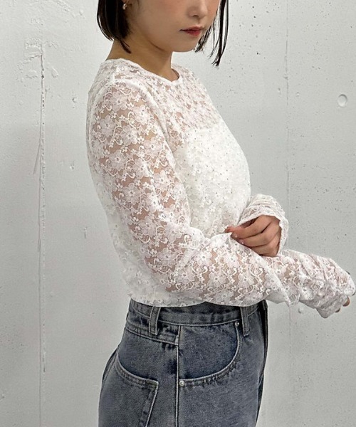 archives（アルシーヴ）の「ビジューレースＴＯＰＳ（Tシャツ/カットソー・レディース・オフホワイト/ブラック・MEDIUM）」の5枚目の写真