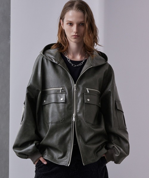 ヴィンテージライク デザインフーディブルゾン（合成皮革