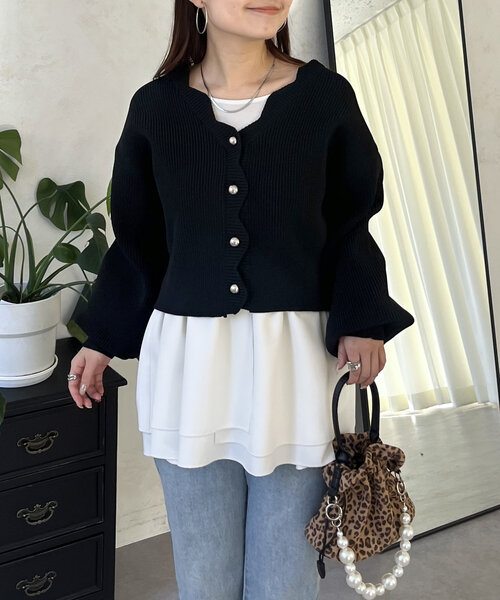 prose verse（プロズヴェール）の「Vネックスカラップニットカーディガン（カーディガン/ボレロ・レディース・ブラック/アイボリー/ピンク・MEDIUM）」の2枚目の写真