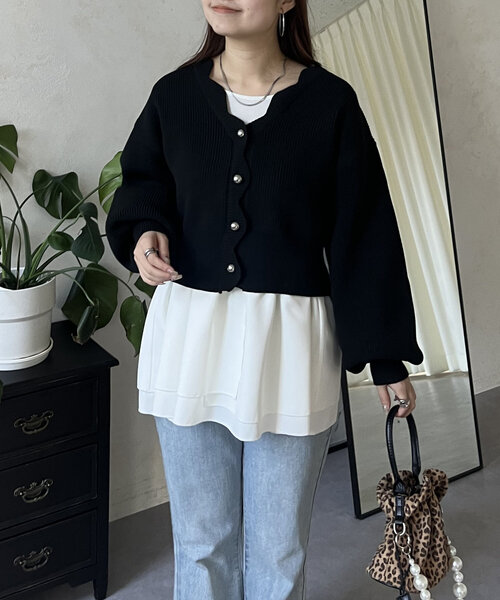 prose verse（プロズヴェール）の「Vネックスカラップニットカーディガン（カーディガン/ボレロ・レディース・ブラック/アイボリー/ピンク・MEDIUM）」の5枚目の写真