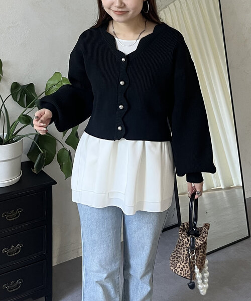 prose verse（プロズヴェール）の「Vネックスカラップニットカーディガン（カーディガン/ボレロ・レディース・ブラック/アイボリー/ピンク・MEDIUM）」の6枚目の写真