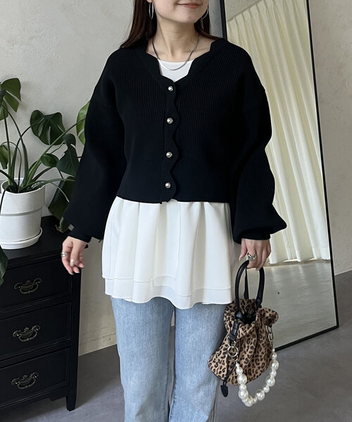 prose verse（プロズヴェール）の「Vネックスカラップニットカーディガン（カーディガン/ボレロ・レディース・ブラック/アイボリー/ピンク・MEDIUM）」の8枚目の写真