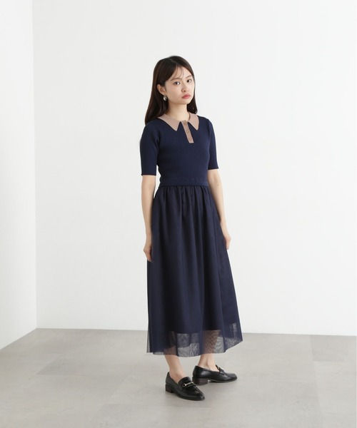 CHICWISH★ノットネックチュールスカートドッキングワンピース☆ セール】ポロニットチュールスカートドッキングワンピース