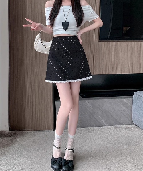MAISON DE THERESE(メゾン ド テレーズ)の「レース付きハイウエストAラインドットミニスカート(スカート・レディース・アイボリー/ブラック/グレー・L/S/M)」の15枚目の写真