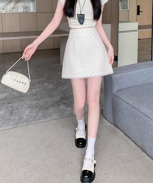 MAISON DE THERESE(メゾン ド テレーズ)の「レース付きハイウエストAラインドットミニスカート(スカート・レディース・アイボリー/ブラック/グレー・L/S/M)」の8枚目の写真