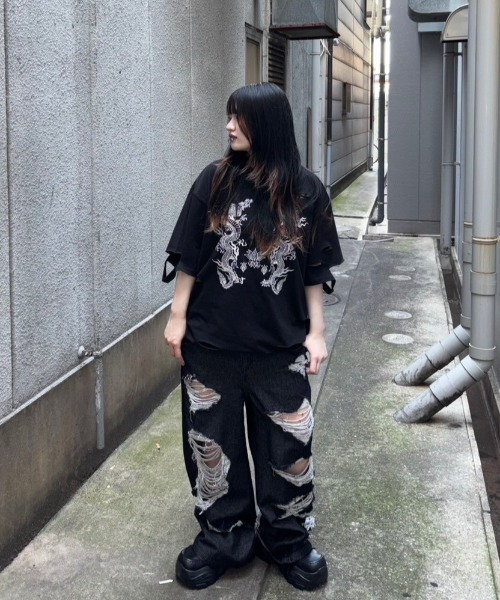 REFLEM レフレム ハイクラッシュワイドデニムパンツ ブラック REFLEMハイクラッシュワイドデニムパンツ（REFLEM（レフレム）の
