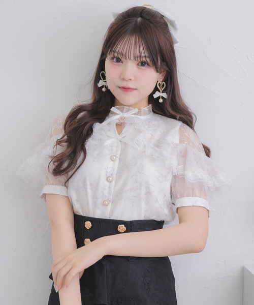 美品 Rossa ロッサ シルク100% シアーフリルブラウス 花柄 総柄 46 美品 Rossa ロッサ シルク100% シアーフリルブラウス 花柄 総柄